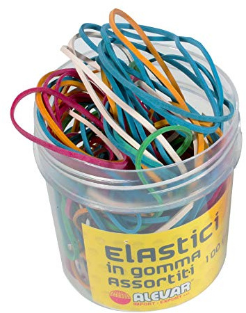 Alevar Elastici in Gomma da Ufficio, Misure e Colori Assortiti, Spessore 1,5 mm, Confezione da 12 Vasetti da 100 gr