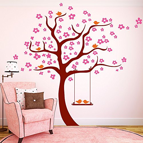 Wandtattoo Loft Blumen Baum mit Blüten und Vögeln- Wandtattoo (3farbig) / 49 Farben / 3 Größen/IHRE FARBWÜNSCHE TEILEN SIE UNS BITTE PER NACHRICHT ODER E-MAIL MIT!!! / transparent / 1,26 x 1,28 m