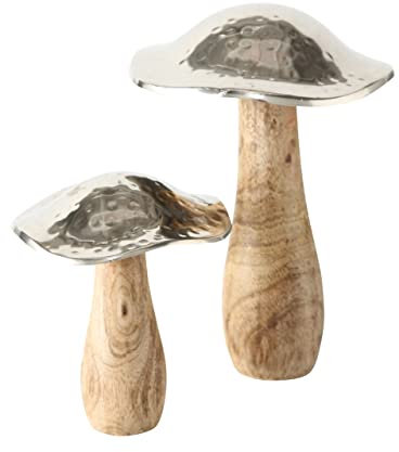 Boltze Dekoaufsteller Fungus 2-teilig (Pilzfiguren, Mangoholz / Aluminium, Dekoration Winter, Herbst, Maße 21x14 cm, 15x12 cm) 1457100, Braun