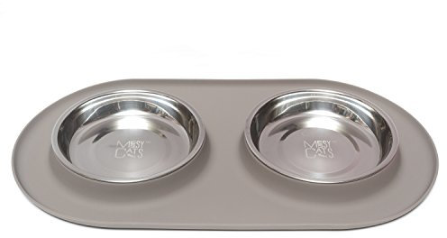 Messy Cats Double Silicone Feeder with Stainless Saucer Shaped Bowl | Anti-Slip Non-Skid Cat Food Bowls | Two Cat Bowls in Feeding/Water Station | 1.75 Cups per Bowl (Grey)