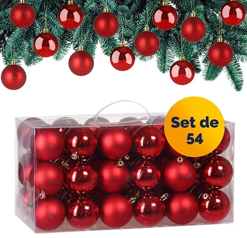 Deuba® Set Palline di Natale 54pz Ø 6cm in Plastica Decorazione Albero Addobbi Natalizi Feste Inverno Interno Esterno Rosso