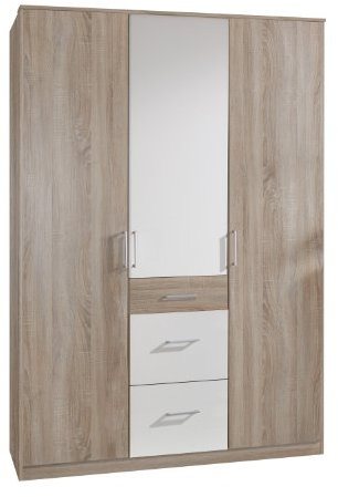 Wimex Kleiderschrank/ Drehtürenschrank Click, 3 Türen, 2 große, 1 kleine Schubladen, (B/H/T) 135 x 199 x 58 cm, Eiche Sägerau/ Absetzung Weiß
