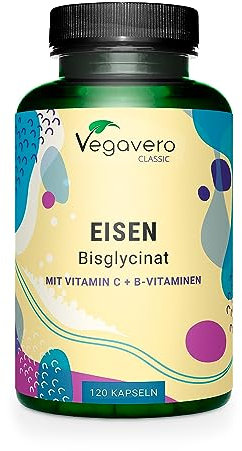 EISEN BISGLYCINAT Vegavero® | 30 mg Eisen | Mit natürlichem Vitamin C, Folsäure Quatrefolic®, Vitamin B12, B6 & B2 | VEGAN & Ohne Zusätze | 120 Kapseln