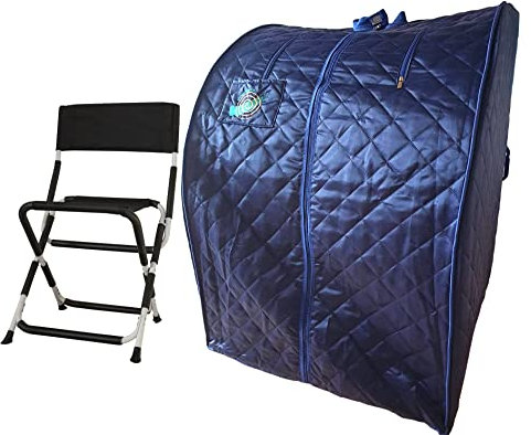 chi-enterprise Turmalin-Infrarotsauna XL Deluxe – Portable Faltbare Sauna für 1 Person, 1000 Watt, mit Klappstuhl, Fußmatte & Zubehör im Set, dunkelblau 105,5x81x96 cm
