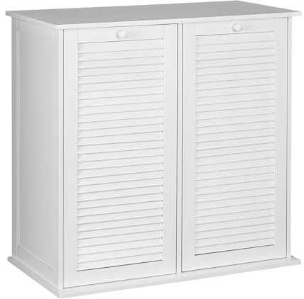 Household Essentials Tilt-Out Laundry Sorter Cabinet with Shutter Front, White, White Wood Shutter
