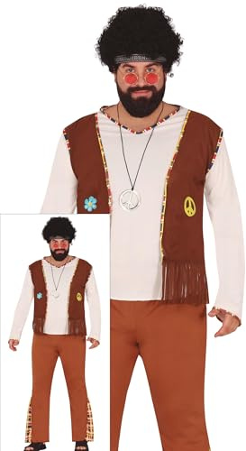 FIESTAS GUIRCA | Hippie Flower Kostüm für Erwachsene - Hemd, Weste, Stirnband und Hose - 60er Jahre Retro Stil für Kostümpartys und Karneval - Herren - Braun