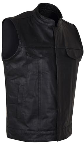 Men’s SOA Black Leather Motorcycle Vest with CCW Pocket, Premium Biker Club Vest with Zipper and Snap Front Closure (Large)