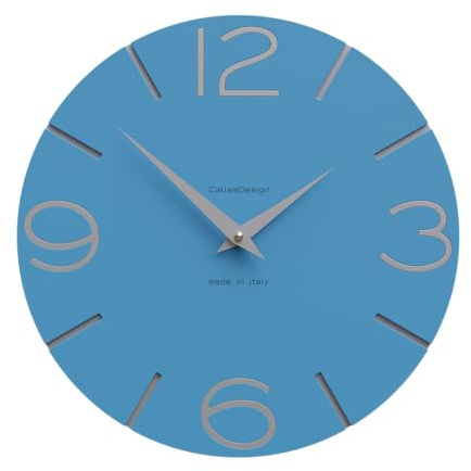 CalleaDesign - Smile Wanduhr, handgefertigt in Italien, 30 cm, elegant und leise, hohe Qualität, perfekte Geschenkidee [hellblau und Aluminium].