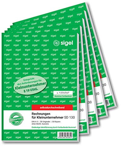 SIGEL SD130/5 Rechnungen für Kleinunternehmer A5, 2x30 Blatt, ohne MWST-Ausweis, selbstdurchschreibend, 5 Stück, mikroperforiert, mit Abheftlochung, aus nachhaltigem Papier, Rechnungsblock