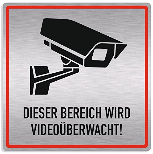 Schild Videoüberwachung, Bereich videoüberwacht, 20x20cm, Aluverbund silber gebürstet, edle Optik