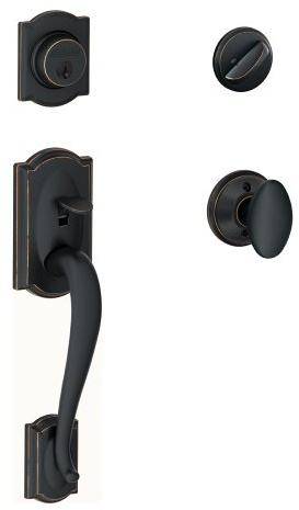 SCHLAGE F60 V CAM 716 SIE Camelot Handle Set with Siena Knob Interior, Aged Bronze Lock Company