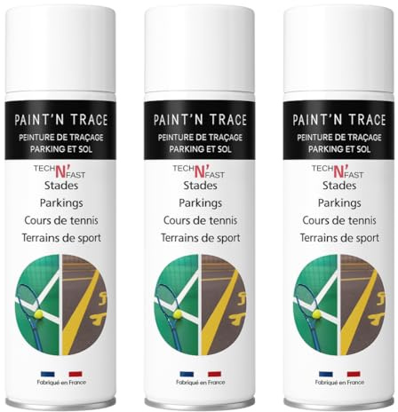 Tech'N'Fast PAINT'N TRACE : Peinture de traçage de lignes de parkings, terrains de sport et marquage de sécurité -Lot de 3 bombes peinture blanche de traçage 500ml (blanc)