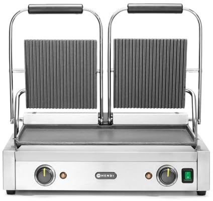 HENDI Parrilla Eléctrica de Contacto Doble, Grill/Plancha Panini y Sandwichera Profesional, Placas Acanaladas y Lisas de Hierro Fundido Esmaltado, 230V, 3600W, 570x375x(H)216mm, Acero Inoxidable