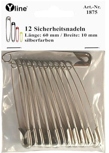 12 Stück Maxi Sicherheitsnadeln 60 mm, groß, silberfarben, Nadel Nadeln, 1875 (60 mm)