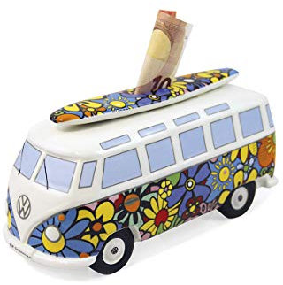 BRISA VW Collection - Volkswagen Spar-Büchse-Schwein-Dose mit Surfbrett im T1 Bulli Bus Samba Design (Flower Power/Bunt)