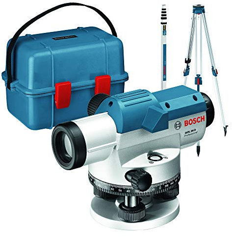 Bosch Professional Optisches Nivelliergerät GOL 26 D (26-fache Vergrößerung, Maßeinheit: 360 Grad, Arbeitsbereich: bis zu 100 m, Messlatte GR 500, Baustativ BT 160, im Transportkoffer)