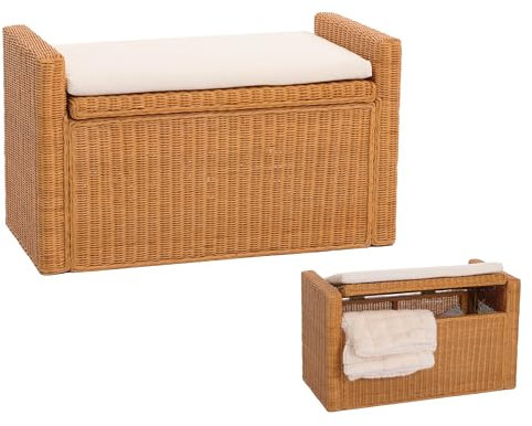 Mendler Sitzbank M92 Garderobenbank Bank Sitzhocker, mit Stauraum Kissen Kubu Rattan 88cm - honigfarben