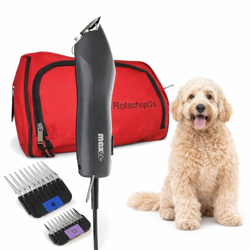Rotschopf24 MAX 50+ Hunde Schermaschine, 2 Aufsätze, 2 Speed mit Tasche | Leistungsstarke Profi Tierschermaschine, 2 Geschwindigkeiten, 2 Metall-Aufsteckkämme + Tasche. Für Wahl Liebhaber