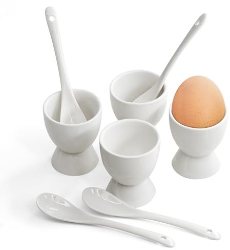 8 Piece Breakfast Set 4 x Egg Cup Holders & 4 x Spoons White Porcelain Ceramic