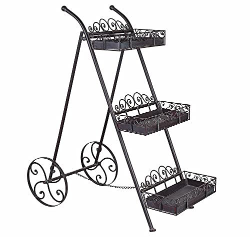 PALAZZO INT Pflanzentreppe HERBES DU JARDIN Vintage Eisen ca. H110 × B43 × T88 cm Blumenregal Metall mit 3 Körben klappbar & mit Rädern Shabby Chic Blumenständer Gartenregal Deko Pflanzenleiter
