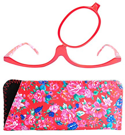 Make-Up Schminkbrille mit klappbaren Brillenglas, Modische Schminkhilfe mit Gratis Etui +2.0 Dioptrien (Rot)