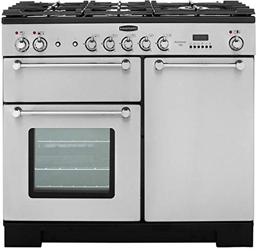 Rangemaster Kitchener KCH100DFFSS/C 100cm wide Dual Fuel Range Cooker with Gas Hob - Stainless Steel/Chrome - A/A Rated