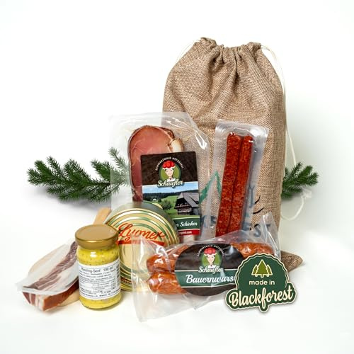 Schwarzwaldmetzgerei Vesperbrett Rustikal im Jutesäckchen - Präsent Geschenkidee Geschenkkorb - mit Bauernwürste, Landjäger, Senf 8-teilig