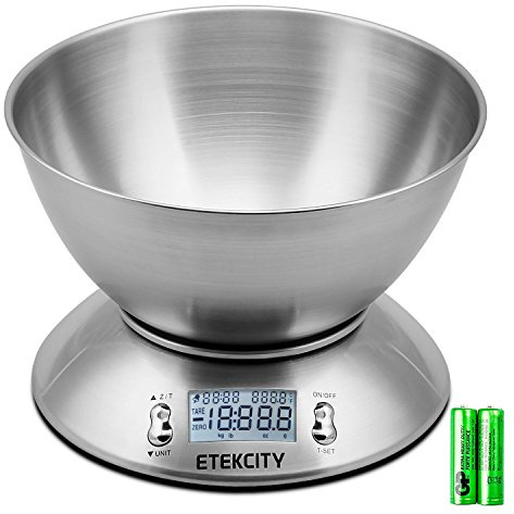 Etekcity Food Kitchen Scale with Bowl, Digital Weight Scale for Food Ounces and Grams, Cooking and Baking, Timer, and Temperature Sensor, 2.06 QT, Stainless Steel