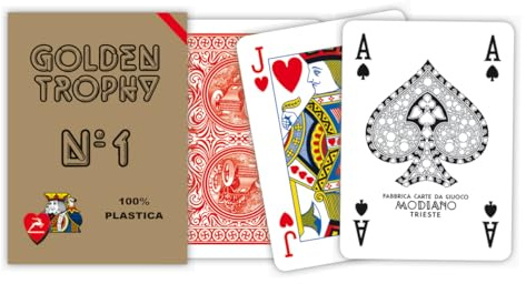 Modiano Poker Golden Trophy Rosso – Carte da Ramino e Poker 100% Plastica – Ideali per Burraco Canasta Scala 40 Solitari – 100% Made in Italy
