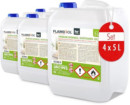 FLAMBIOL® Bioéthanol Premium en Gel 4 x 5 L – Combustible Longue Durée, Idéal pour Cheminées d'Intérieur et d'Extérieur – Formule Améliorée et Écologique, Fabriqué en Allemagne