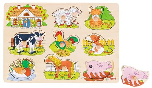 goki 57895 – Steckpuzzle Sound Bauernhof, mit Tierstimmen - 8 Teile - aus Holz
