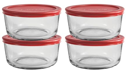 Anchor Hocking 4 Cup Glass Storage Containers with Lids, Set of 4 Glass Food Storage Containers with Red SnugFit Lids