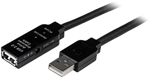 StarTech.com 25m USB 2.0 Active Extension Cable M/F - 25 meter USB A Male to USB A Female USB 2.0 Repeater / Extender Cable - Black - 80ft (USB2AAEXT25M) | USB-A Male to Female, Repeater/extender, Black, Cable, USB Powered, External power and blue LED included