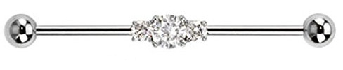 Gekko Body Jewellery Surgical Steel 1.6mm Three Linked Clear CZ Industrial Barbell/Scaffold Bar
