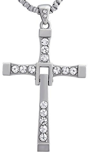 Hanessa Fast and Furious Collier pour homme avec pendentif en forme de croix en acier inoxydable plaqué argent avec pierres en zircone Cadeau élégant pour Noël pour un ami/homme, Acier inoxydable,