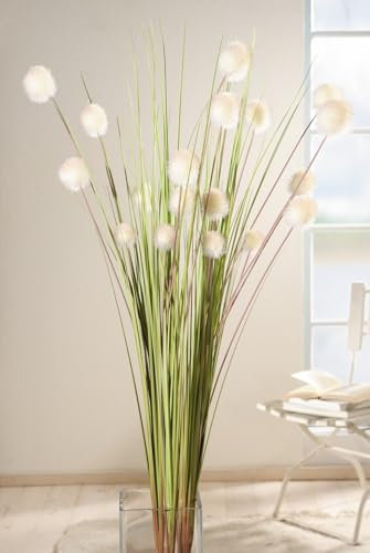 4er Set Dekobündel Blütenkugel 105 cm hoch, Kunstgras mit weißen Blüten, Gräserbündel, Ziergras, künstliche Zweige, Dekopflanze, Kunstpflanze, Kunstzweige, Gras für Wohnzimmer, Flur, Bad