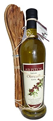 ARISTOS Set Kaltgepresstes Olivenöl | Salatbesteck Olivenholz| extra natives Olivenoel mit Holzbesteck | Geschenk