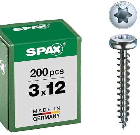 SPAX T-STAR plus, Tornillo universal 3,0 x 12 mm, 200 Unidades, Cabeza redonda, rosca completa, galvanizado claro, 4CUT, WIROX A9J, 0201010300123