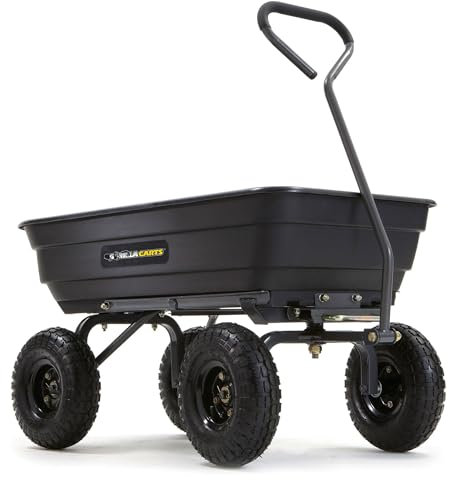 Gorilla Carts GOR4PS Poly Garden Dump Cart with Steel Frame and 10-in. Pneumatic Tires, Padded pull handle and Quick-release for easy unloading, 600-Pound Capacity, Black