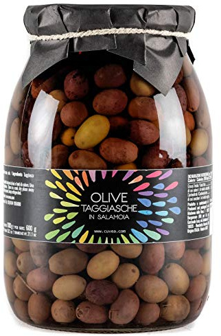 Olive taggiasche in salamoia Cuvea vaso peso netto 1 kg (sgocc. 600 g) - Solo Olive taggiasche della Liguria, acqua e sale - Ricetta semplice: senza conservanti né coloranti né correttori di acidità