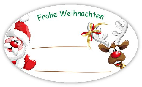 Weihnachtsaufkleber Weihnachtssticker Frohe Weihnachten - Weihnachtsmann mit Rentier oval 60 x 35 mm, 100 Stück auf Rolle, Haftpapier glänzend
