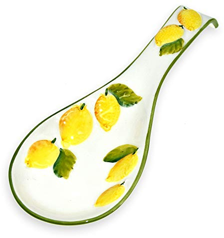 Lashuma Handgemachte Löffelablage aus Italienischer Keramik, Kochlöffelablage Reliefdekor im Zitronen Design, Löffelhalter 28 cm