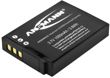 ANSMANN Kamera Ersatzakku für A-Nik EN-EL12, 1050mAh 3,7V | Li-Ion Akku für Digitalkameras, kompatibel mit Nikon Coolpix S610, S710, Schutz vor Kurzschluss & Überladung, passgenau