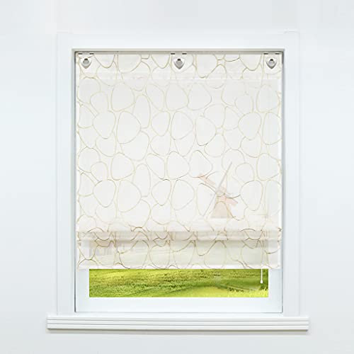 CORLIF Voile Raffrollo mit Ösen ohne Bohren Transparente Raffrollo Leinenoptik Küchenvorhänge Ösenrollo Blinds Kreisestickereien Modern Gold BxH 100x140cm 1 Stück