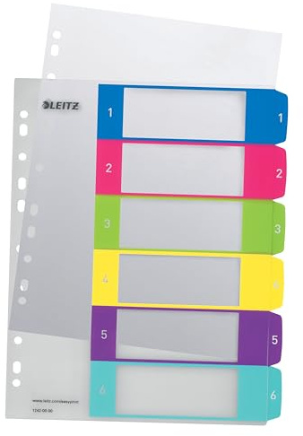 Leitz WOW Utskrivbart register, A4, extra brett, sex numrerade flikar, polypropen, multi, 12420000