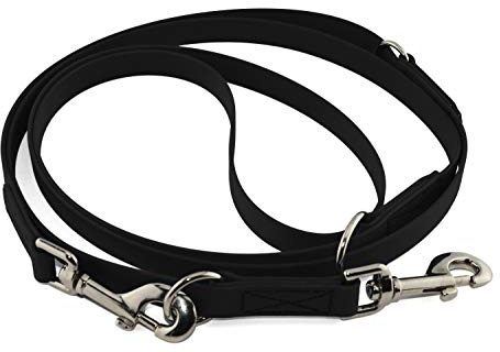 LENNIE Verstellbare BioThane Führleine, 13mm breit, 2,5m lang, Schwarz, genäht, Doppelleine