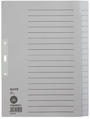Leitz Register für A4, 20 Trennblätter, Taben und Lochrand verstärkt, Überbreite, Grau, 100% Recyclingkarton, Blauer Engel Siegel, 12200085