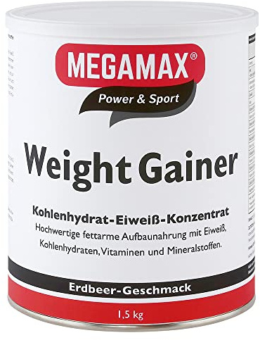 Megamax Weight Gainer Erdbeere 1,5 kg 0,5% Fett | Vitamine, hochwertige Kohlenhydrate & Weight gainer ideal für HardGainer u. Untergewicht | Aufbaunahrung für Massephase, Masseaufbau & Zunehmen