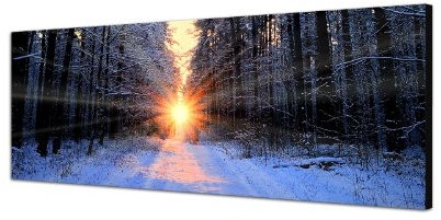 Augenblicke Wandbilder Keilrahmenbild Wandbild 150x50cm Wald Bäume Winter Schnee Sonnenaufgang