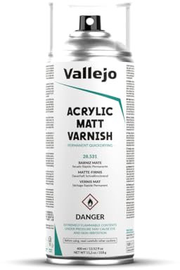 Vallejo Hobby Paint Acrylic Matt Varnish 400 Ml. Barniz Acrílico en Spray. Protección Duradera y Flexible Para Pinturas Acrílicas y Óleos. Barniz Transparente de Acabado Mate en Aerosol